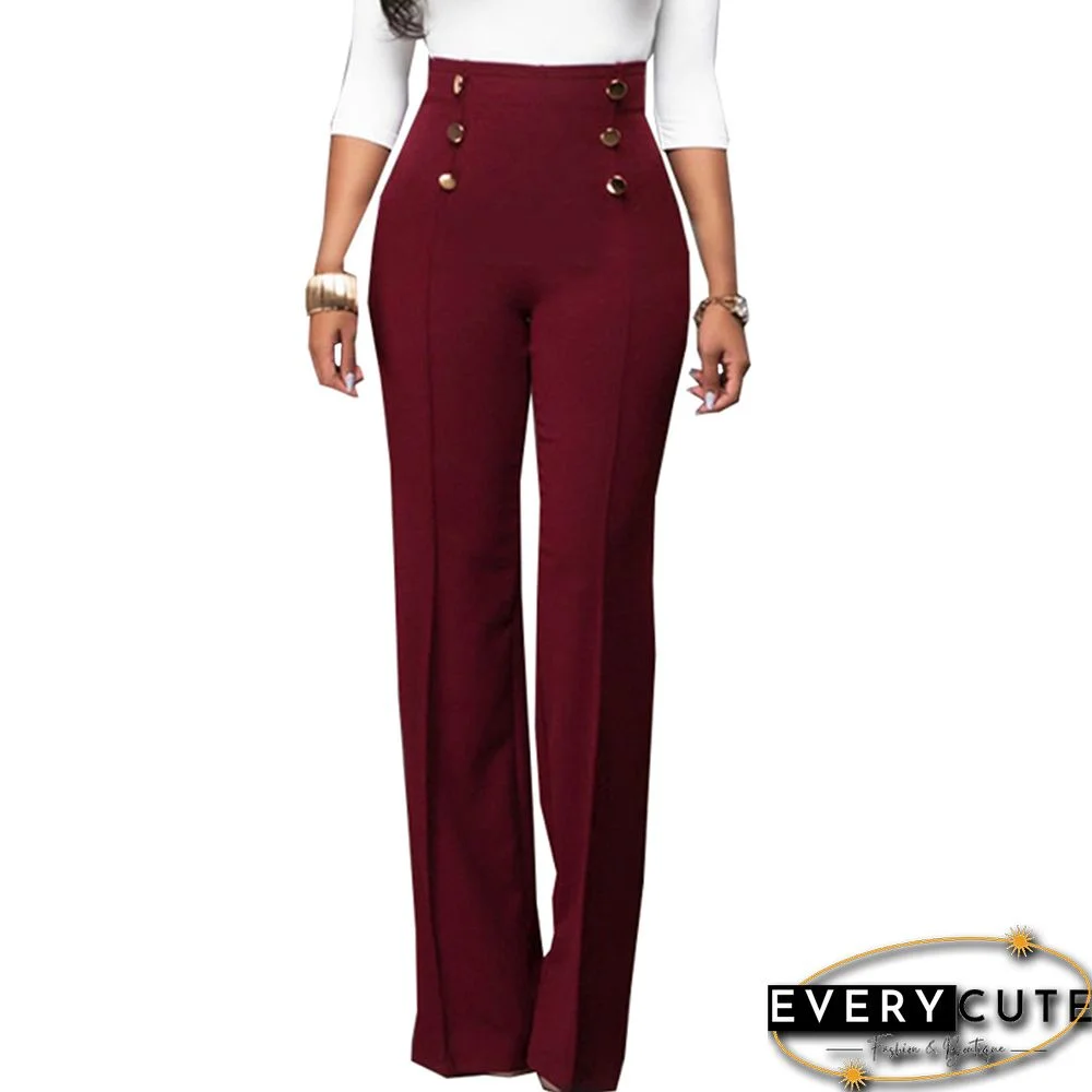 Burgundy Button Detail Casual Flare Pants