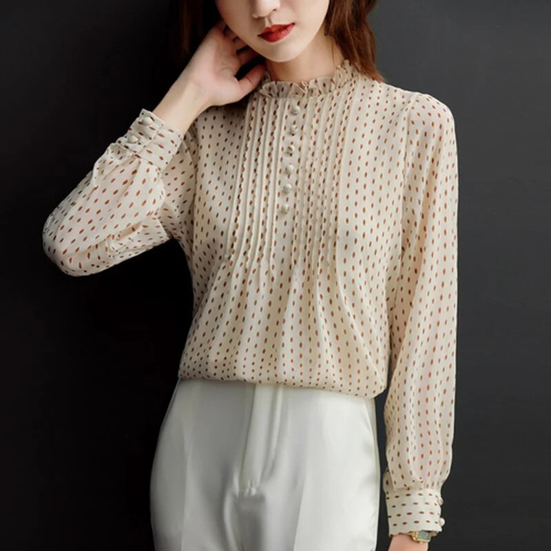 Christmas Gift Spring Autumn Style Chiffon Blouses Women Shirts Lady Casual Long Sleeve O-Neck Polka Dot Printed Chiffon Blusas Mujer Tops11859