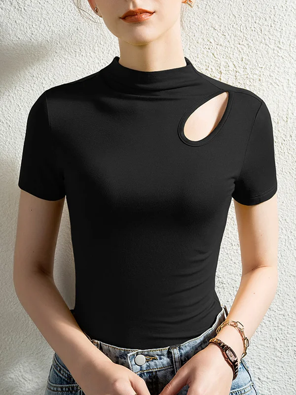 Skinny Hollow Solid Color Half Turtleneck T-Shirts Tops