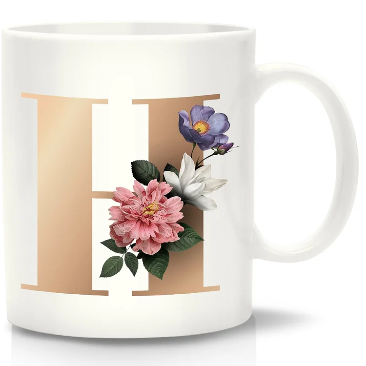 Unique Creative Ceramic Coffee Mugs with Flower and Letter H for Friends