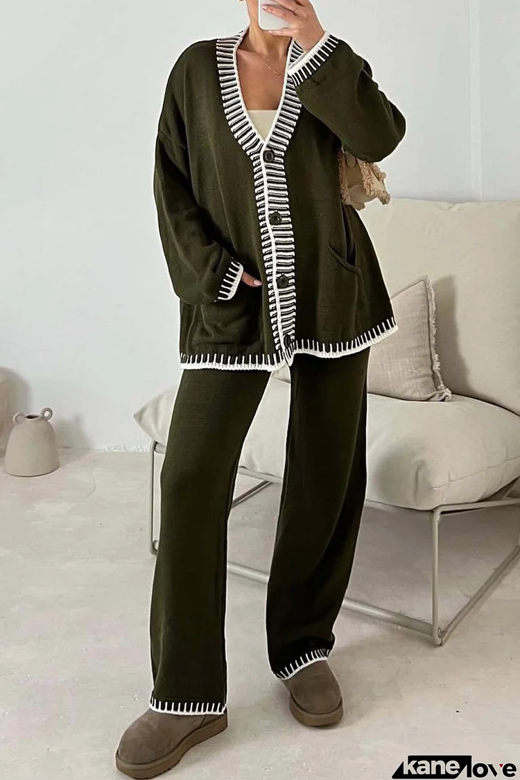 Contrast Cardigan Long Pants Two-piece Set