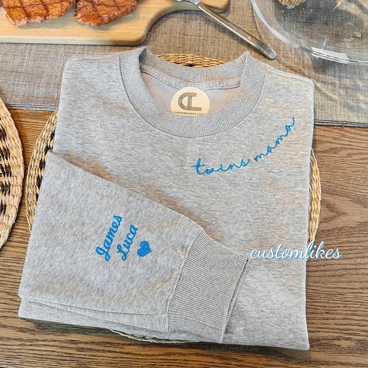 Custom Boy & Girl Mama Embroidered On Neckline Sweatshirt