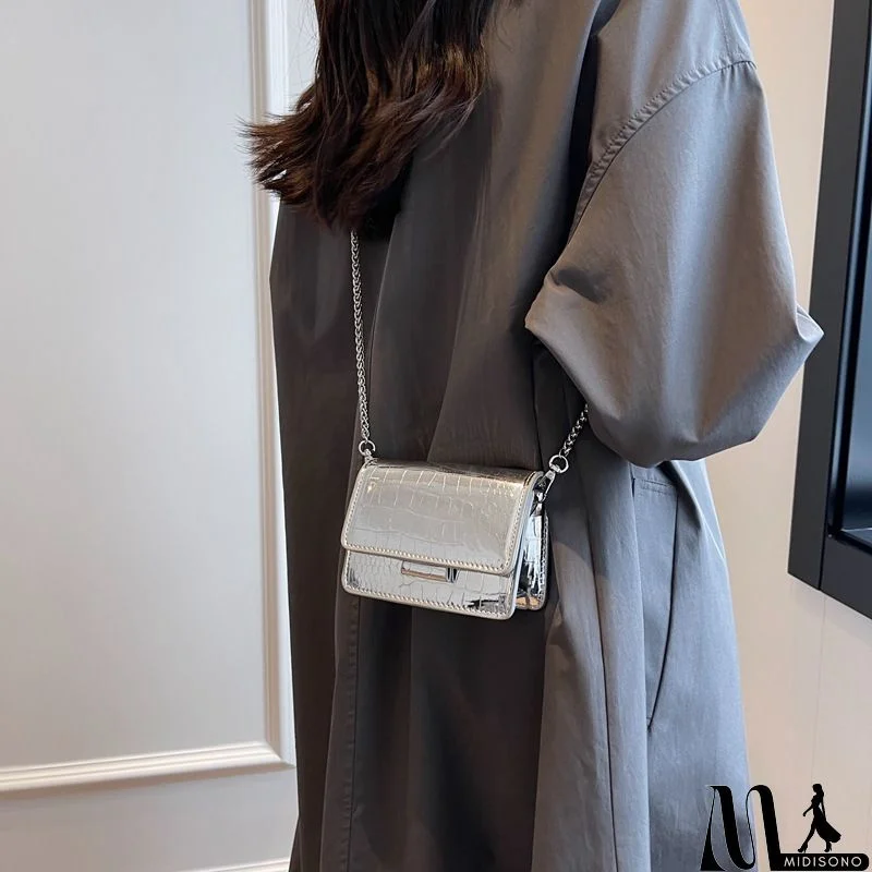 MidiSono - Women Fashion Solid Color Patent Crocodile Leather Laser Flap Chain Mini Square Shoulder Crossbody Bag