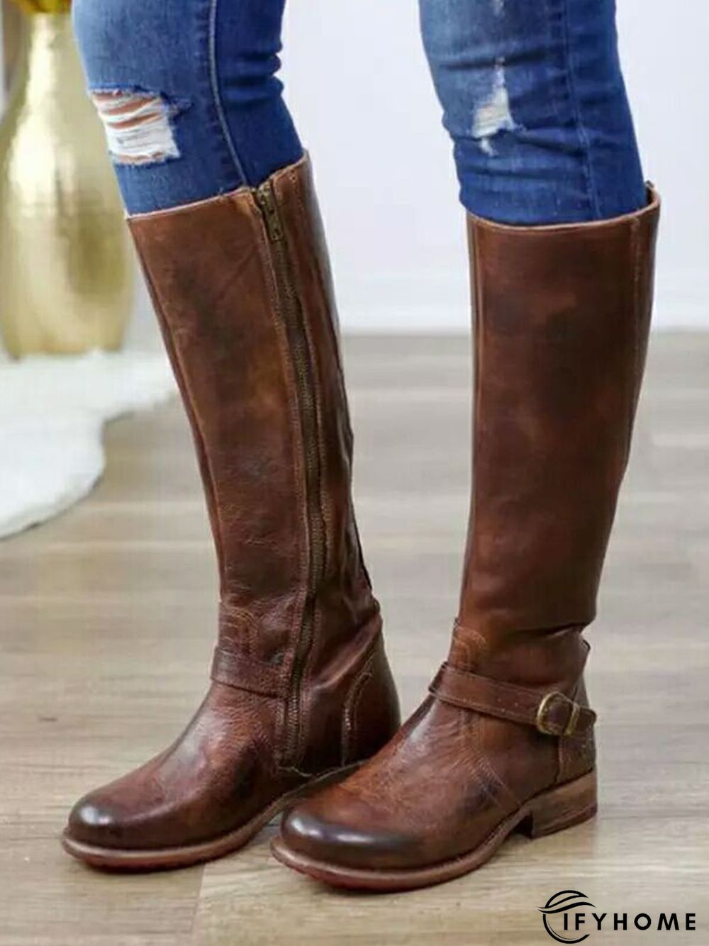Vintage Round Toe Buckle Tall Boots Chunky Heel Riding Boots | IFYHOME