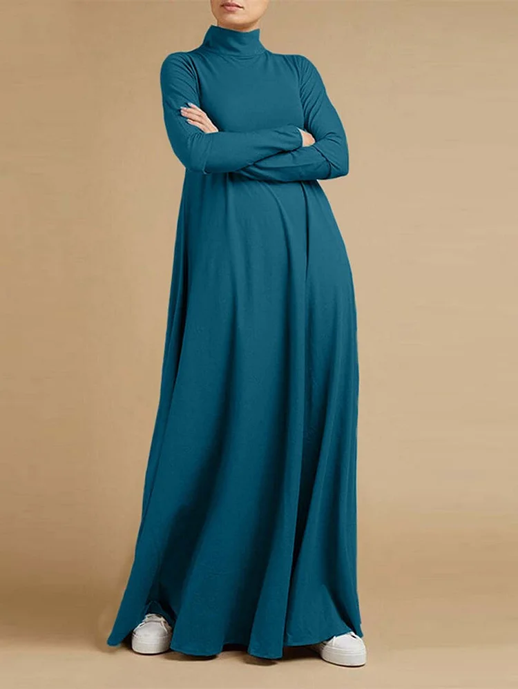 Plain High Neck Long Sleeve A-line Maxi Dress