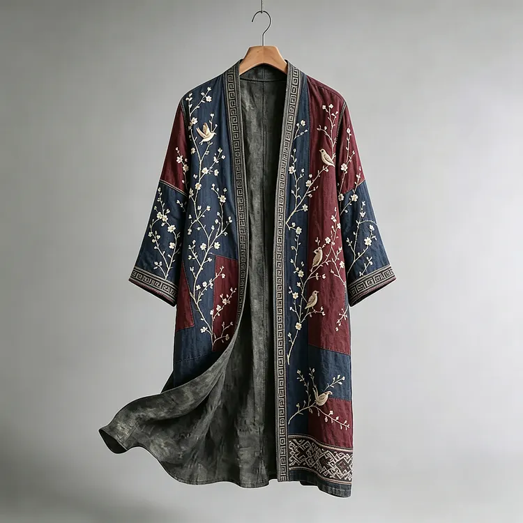 Men's Retro Flowers And Birds Patchwork Art Linen Long Kimono