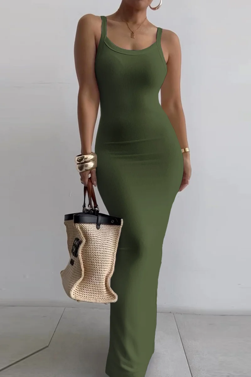 Army Green Sexy Casual Solid Backless Spaghetti Strap Long Dress Dresses