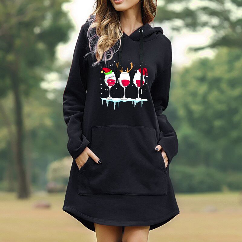 Women Casual Pocket Long Sleeve Print Long Hoodies