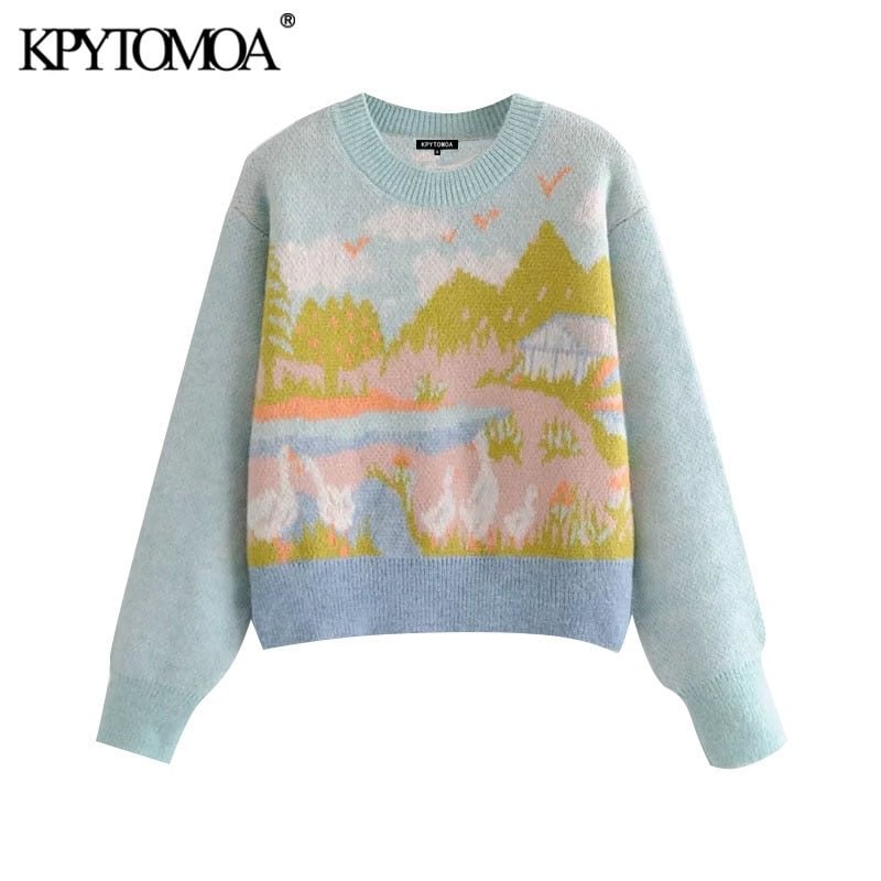 KPYTOMOA Women 2021 Fashion Animal Jacquard Knitted Sweater Vintage O Neck Long Sleeve Female Pullovers Chic Tops