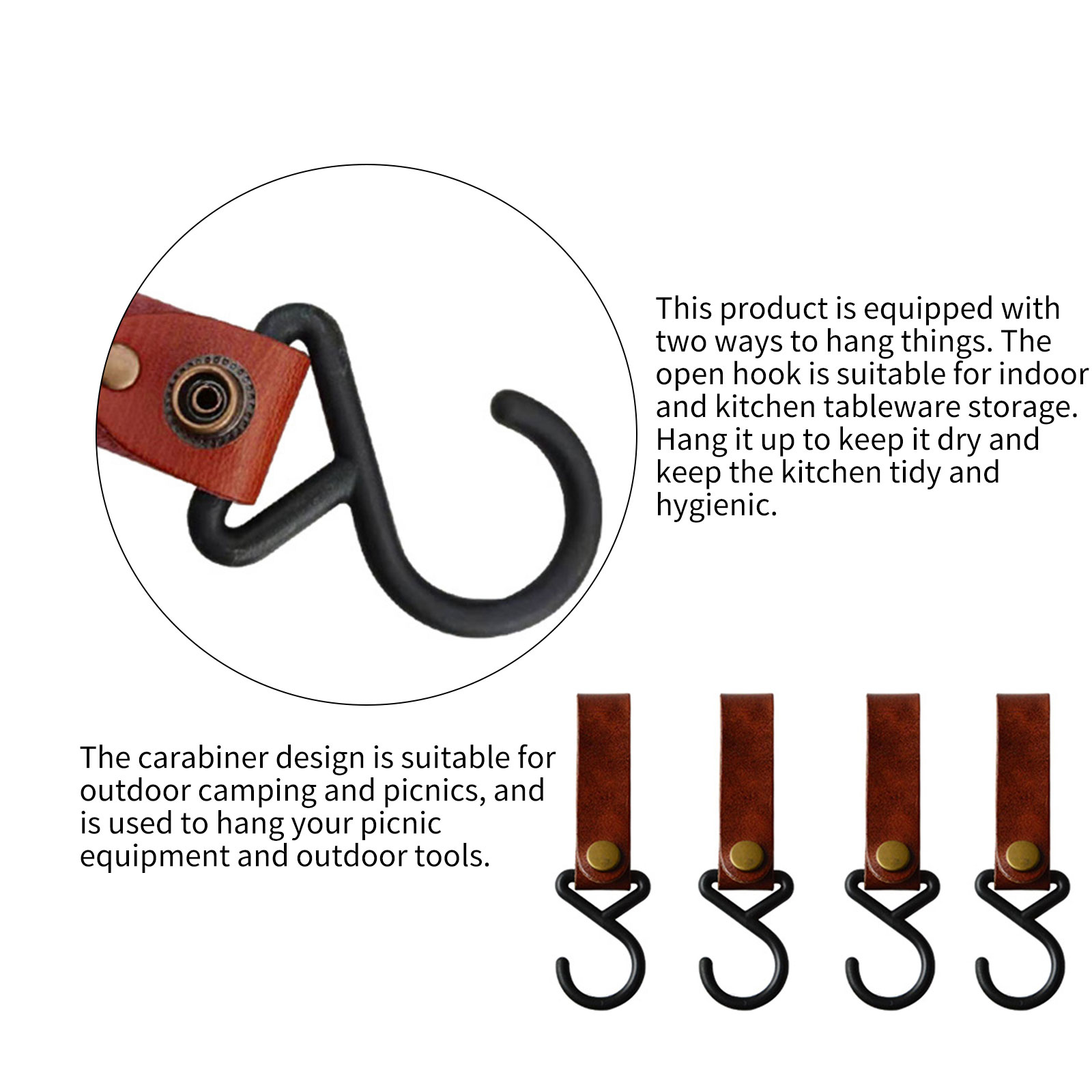 

Camping Leather Hook 4 Pack Kitchen Tableware Hanging Hook Camp Supplies, 501 Original