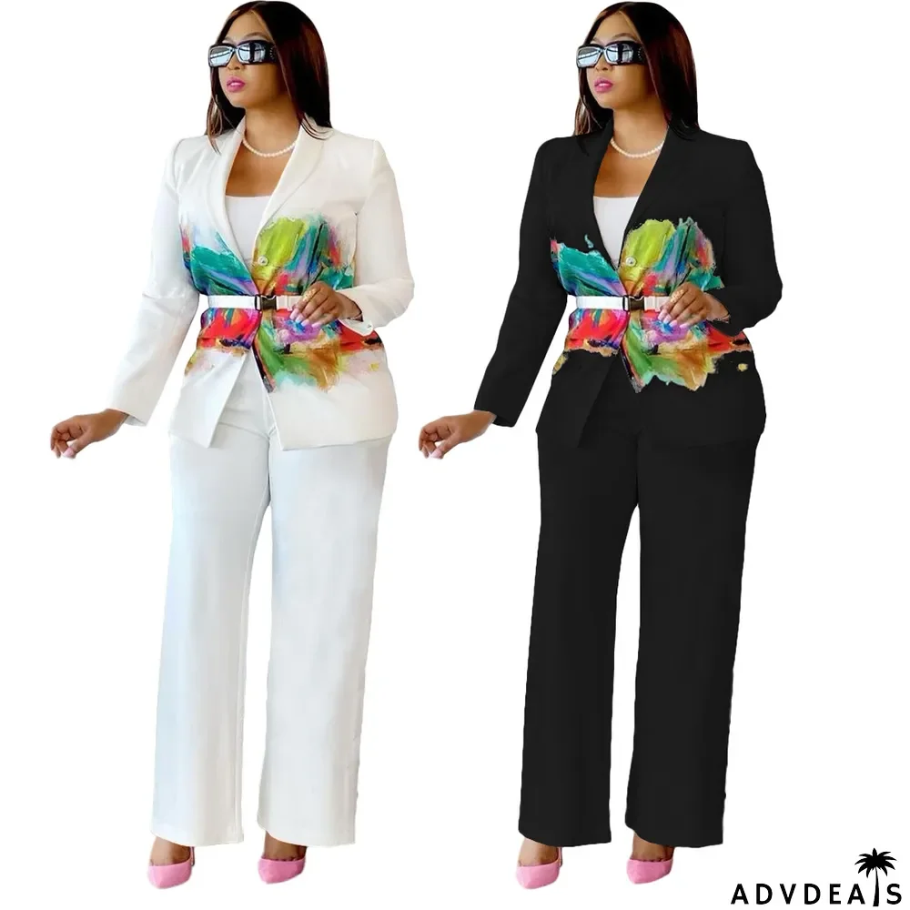 Elegant Printed Blazer Coat Straight Pants 2 Piece Suits (With Belt)
