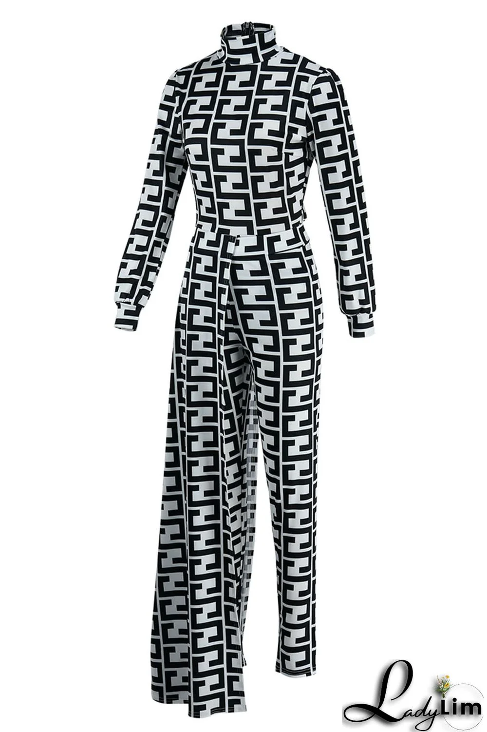 Black And White Casual Print Asymmetrical Half A Turtleneck Long Sleeve Two Pieces