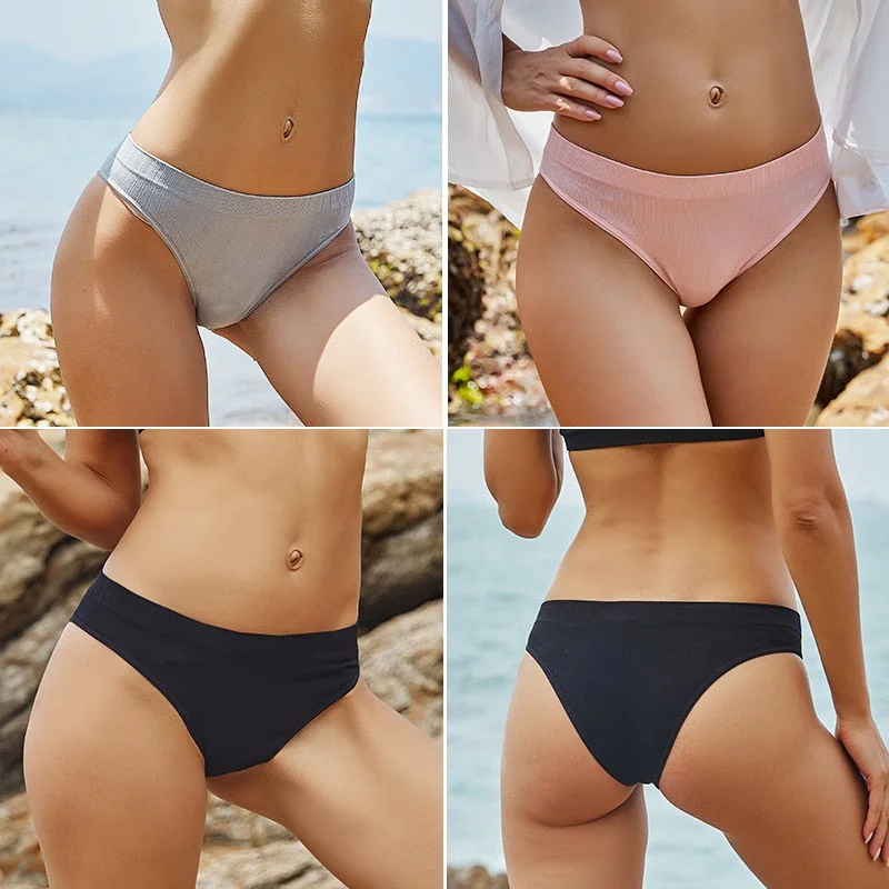 FINETOO 2PCS/Set M-XL Women Seamless Pantys 9 Solid Colors Sexy Brazilian Panties  Midi-Waist Underpants For Girls Fashion Thong