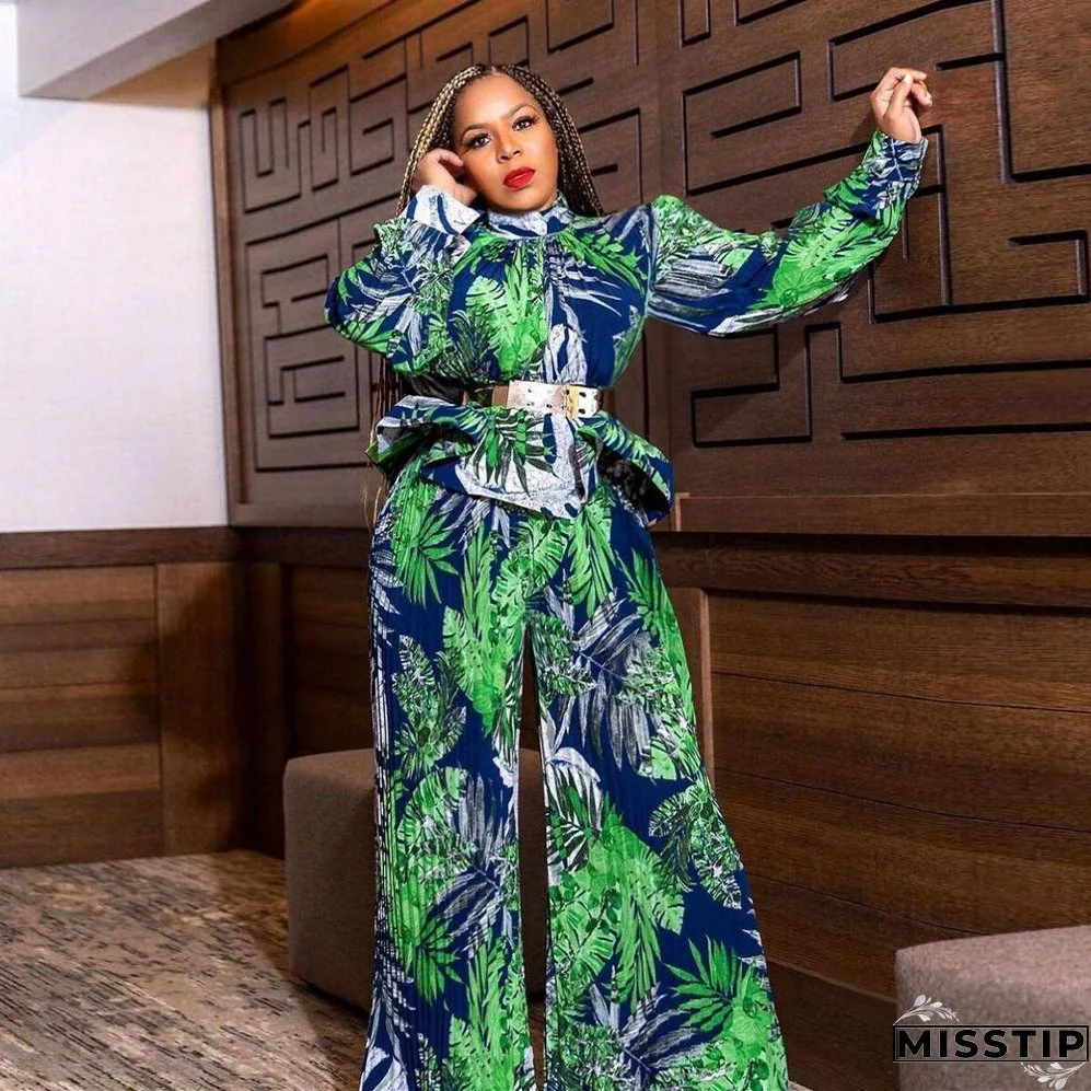 Women Lantern Long Sleeve Top and Wide Leg Pants Printed Casual Two-piece Set