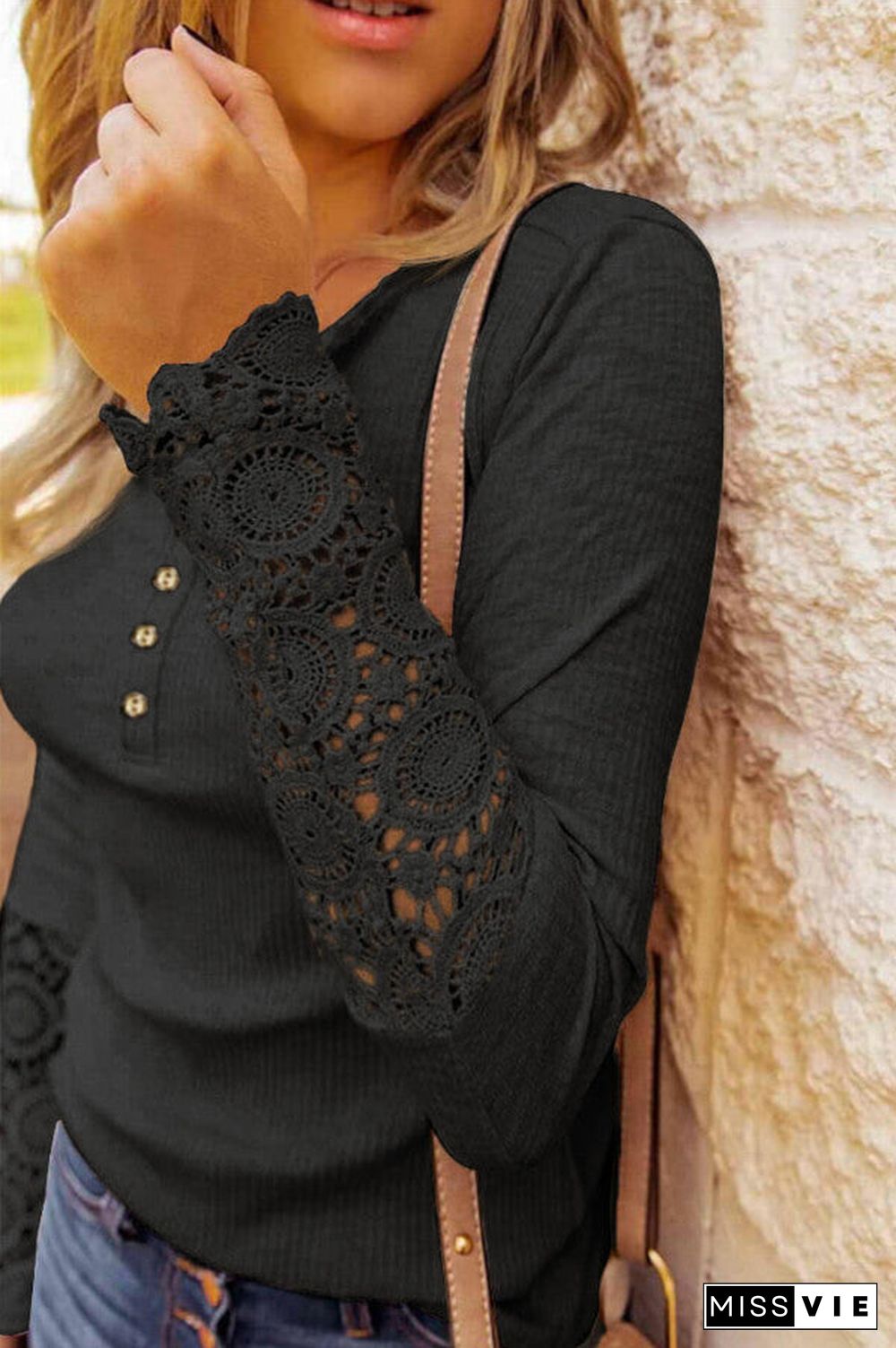 Fashion Lace Splicing Hollow Out Button Blouse
