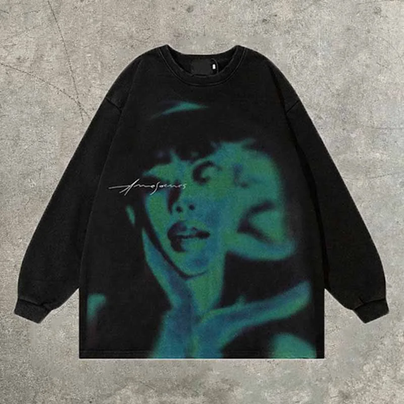 Vintage Psycho Girl Shadow Graphic Acid Washed Y2K Oversized Pullover Sweatshirts