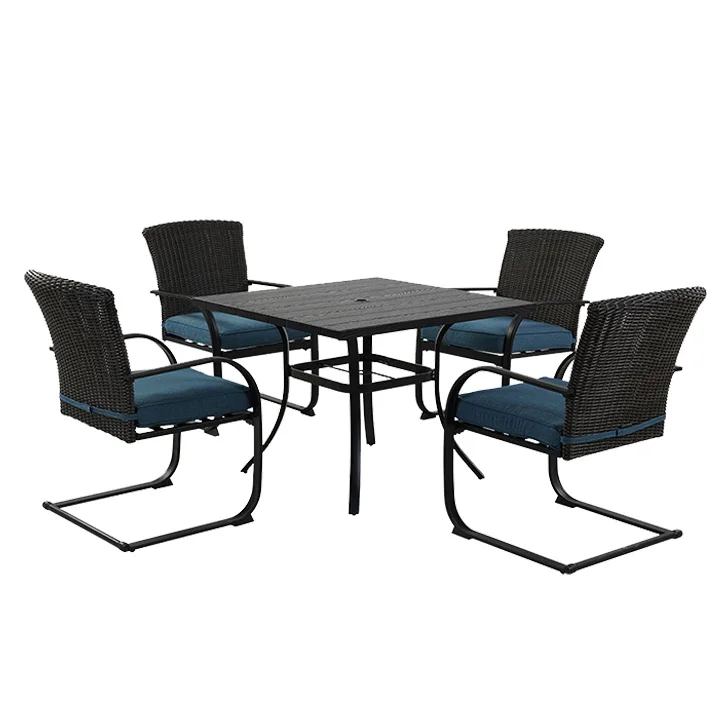  5 Piece Outdoor Dining Table Set, Woodgrain-Look Metal Table and Wicker Chairs for 4 