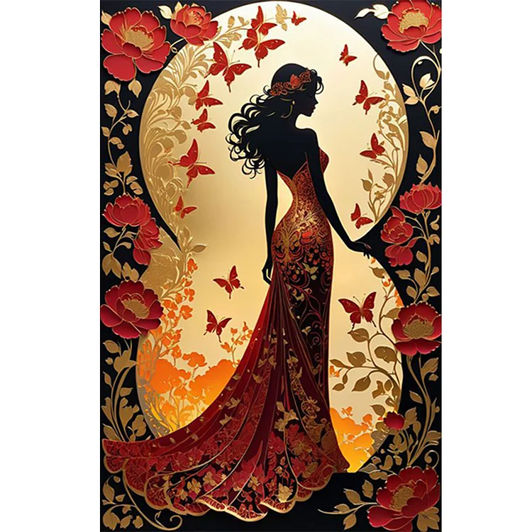 Silhouette Red Dress Girl - Full Round - Diamond Painting(40*60cm)
