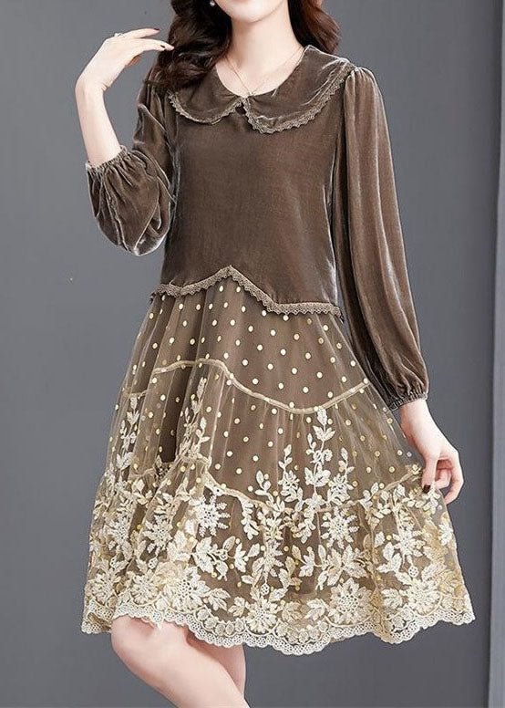 French Coffee Embroideried Patchwork Velour Long Dresses Winter CK1911- Fabulory
