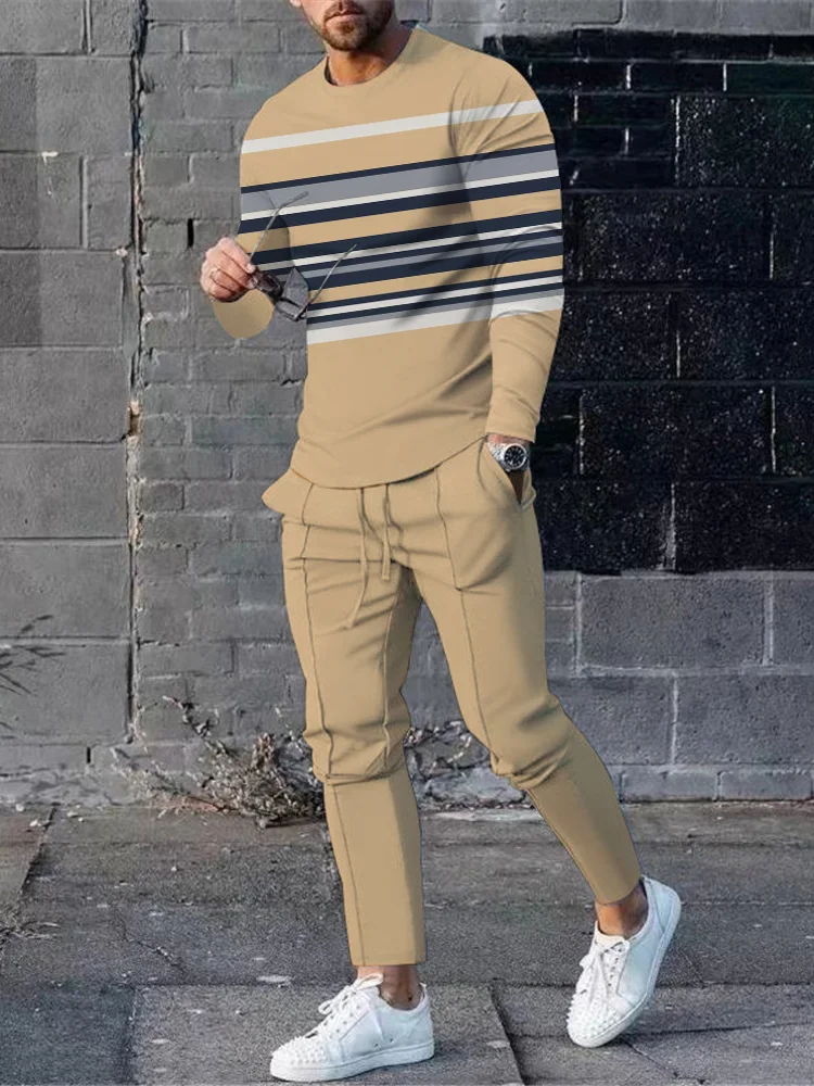 Men's fashion casual khaki printed long sleeve two-piece set