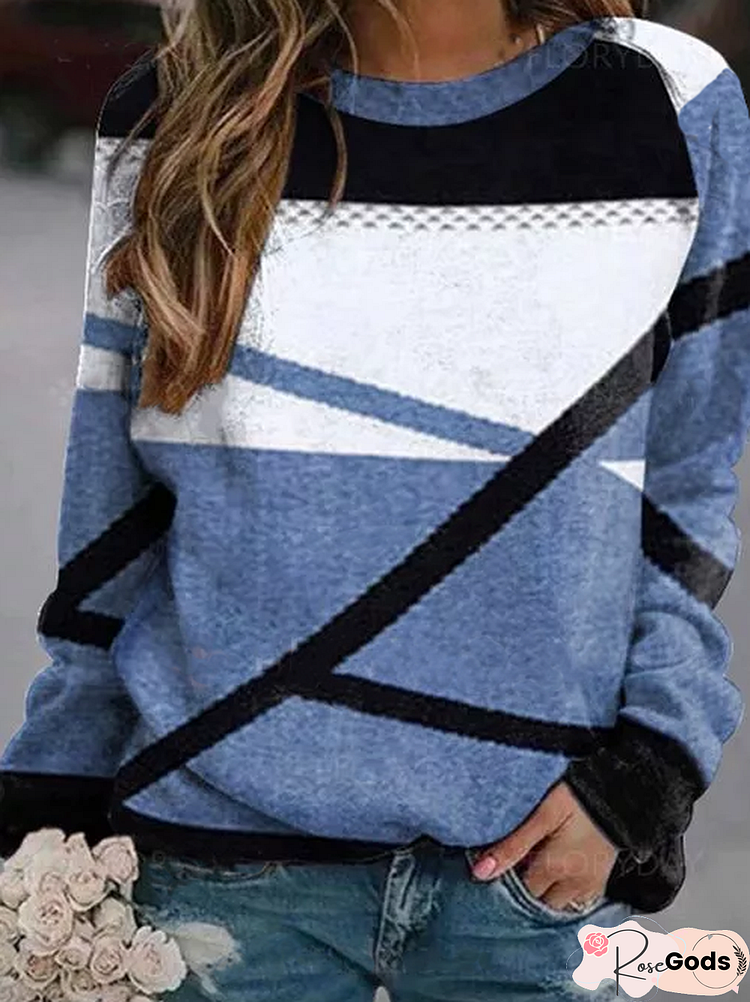 Casual Round Neck Color Block Sweatshirt