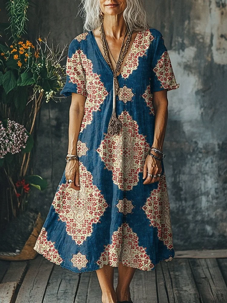 Women's  Flowers Art  Print Pocket Cotton Dress