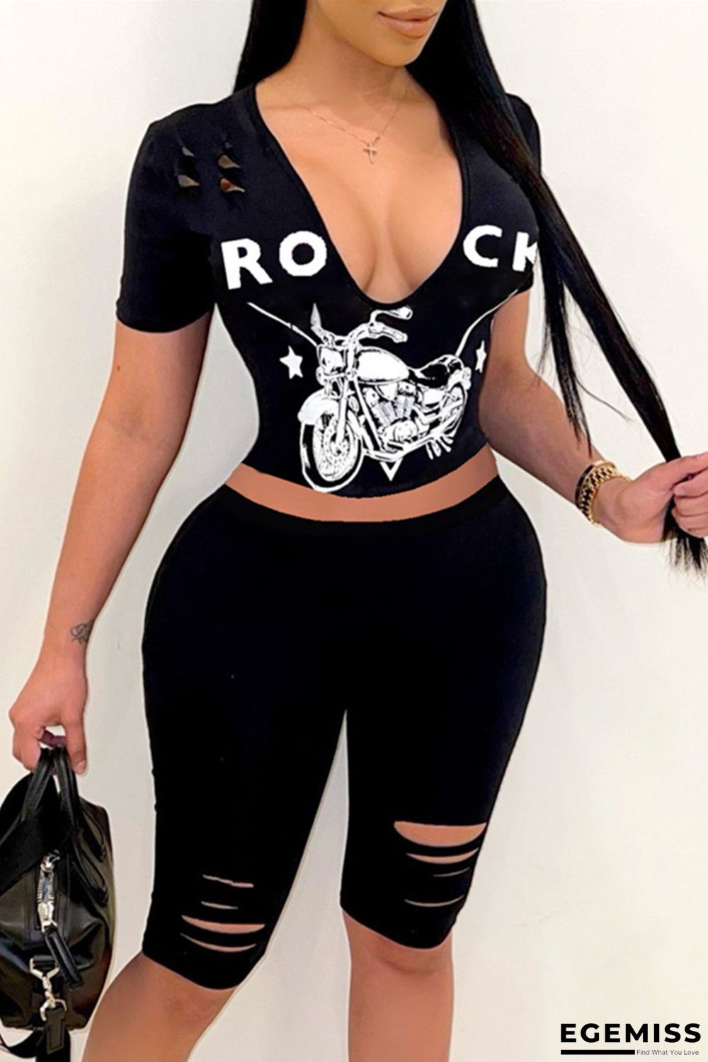 Black Fashion Casual Print Ripped V Neck Short Sleeve Two Pieces | EGEMISS