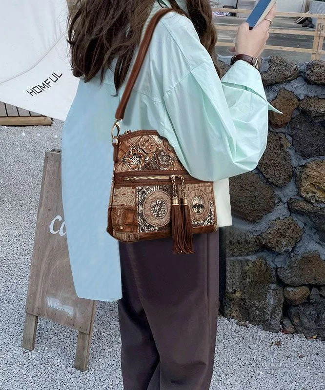 Boutique Coffee Tassel Patchwork Zip Up Calf Leather Satchel Bag Handbag
