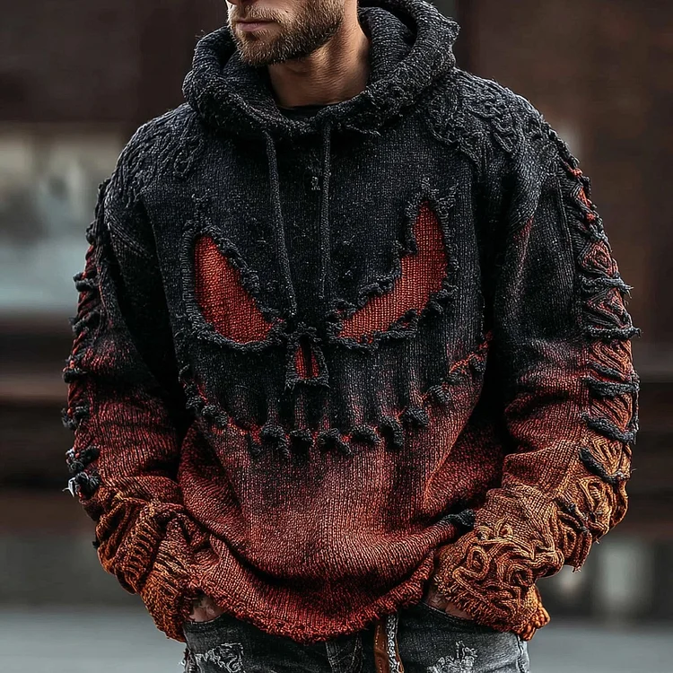 Men's Halloween Spooky Face Gradient Inspired Knitted Distressed Hooded Sweater