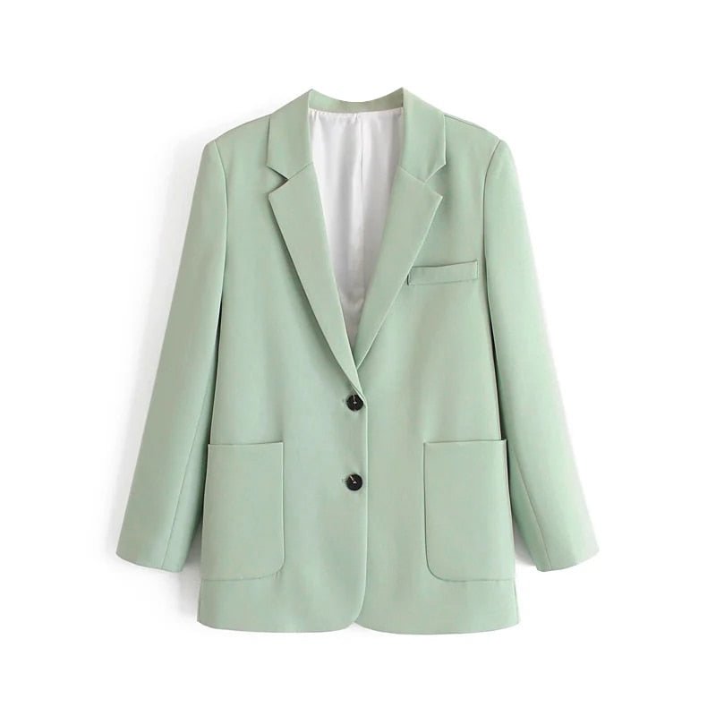 Aachoae Green Color Casual Blazer Women Big Pockets Long Sleeve Jacket Female Notched Collar Office Wear Blazer Ropa De Mujer