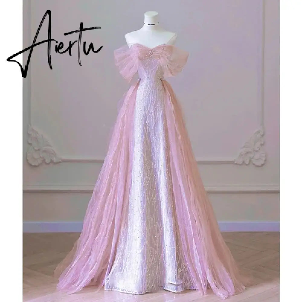 Aiertu Elegant Boat Neck Pink Formal Pearl Evening Dress 2024 Sweet Bow Quinceanera Dress Beading Banquet Party Dresses Vestidos Aiertu