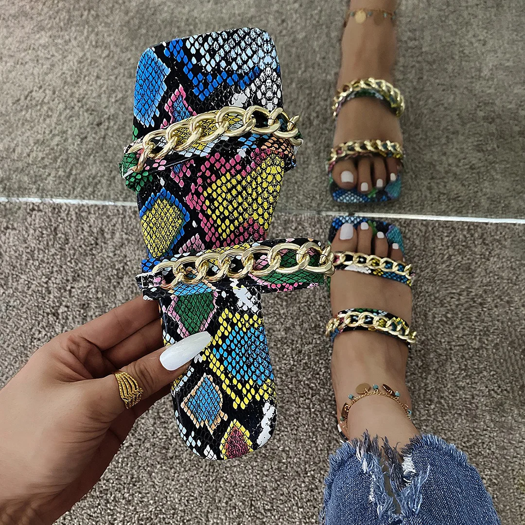 Letclo™ 2021 Summer New Female Metal Chain Buckle Snake Print Sandals and Slippers letclo Letclo