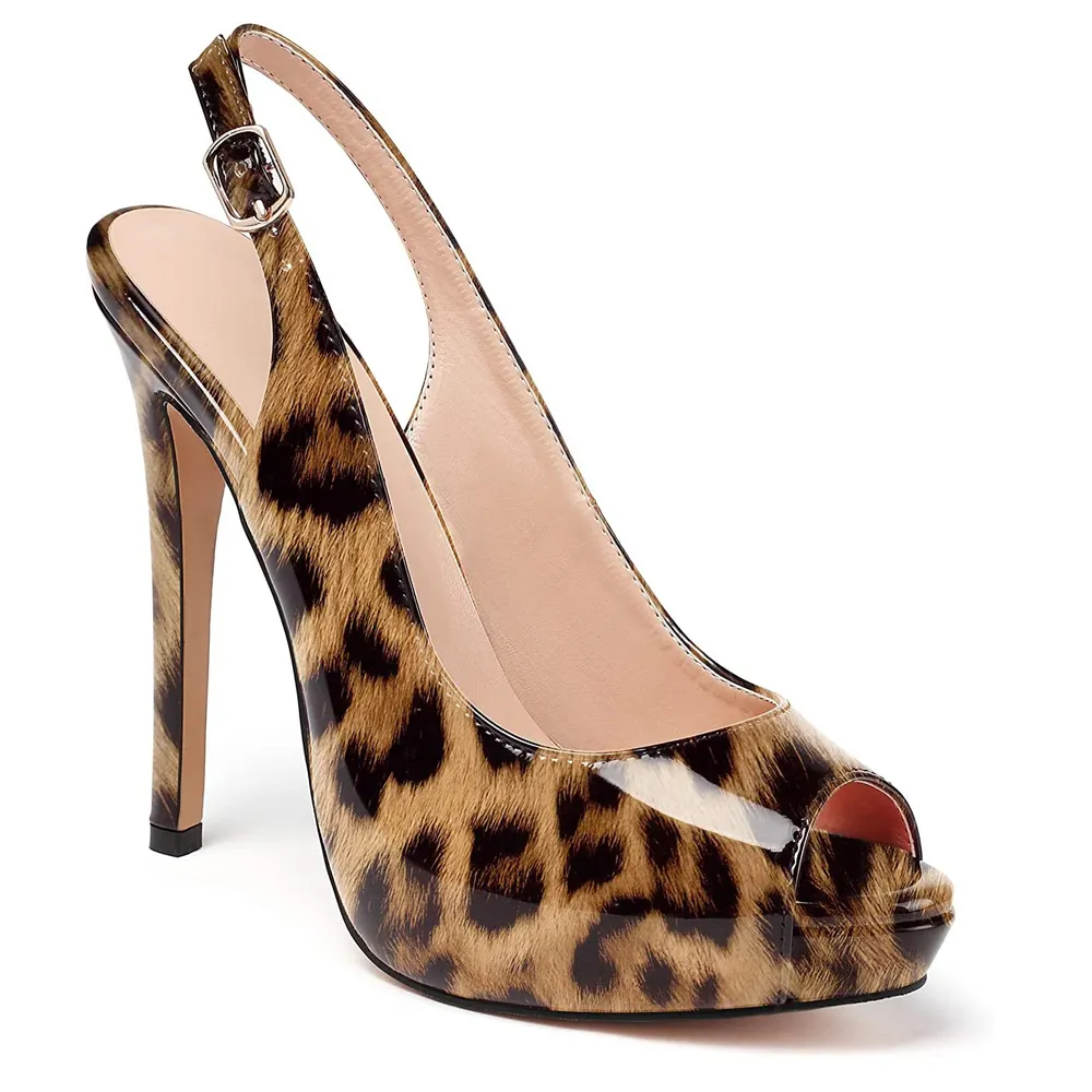 120mm Strap Slingback Sandals Peep Toe Platform Stilettos Leopard Patent Heels-vocosishoes