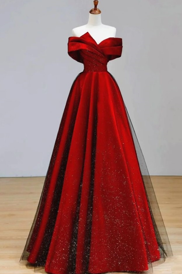 Ovlias Graceful Burgundy Off-the-shoulder Sequins Tulle Prom Dress LY0512