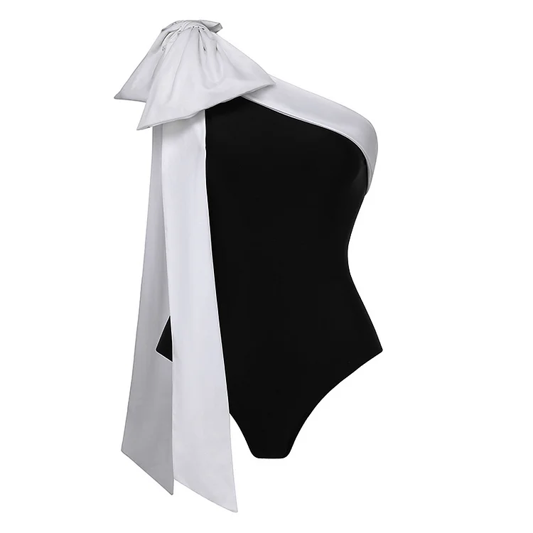 One Shoulder Bow Tie Color Block One Piece Swimsuit and Skirt Flaxmaker