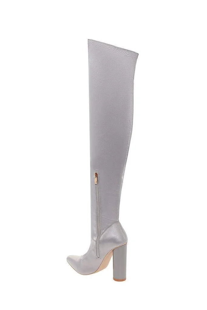 Grey Flash Stripe Over-the-Knee Chunky Heel Boots Vdcoo