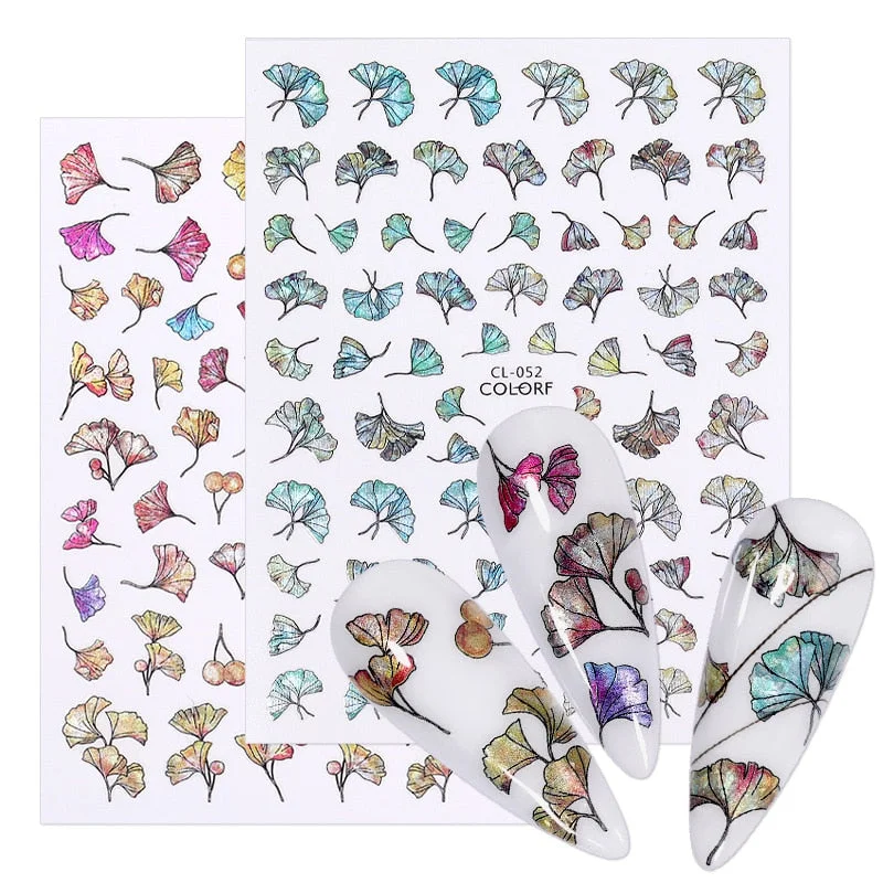 3D Nail Stickers Fan Leaf Dried Flower Shiny Sliders Nail Art Decorations Lucky Clover Fashion Foil Manicures