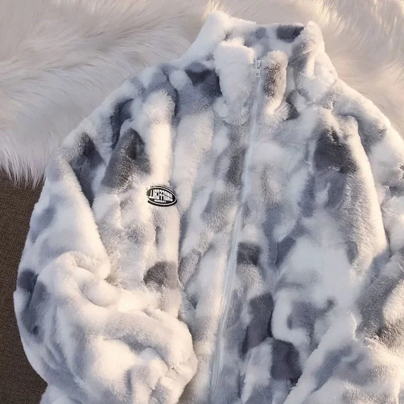 Tiedye plush jacket women's high-end autumn new hip-hop trend plus velvet thick cashmere top trend ins explosion style jacket