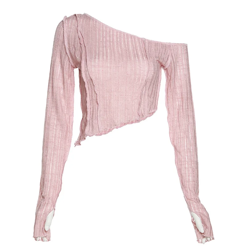 Uveng Autumn 2021 New Women's Solid-Color Fashion Slanted Shoulder Sexy Perspective Long-Sleeved T-Shirt In Wood Ear