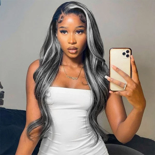 Junoda Platinum Blonde Highlights On Black Hair Body Wave Lace Front Human Hair Wigs