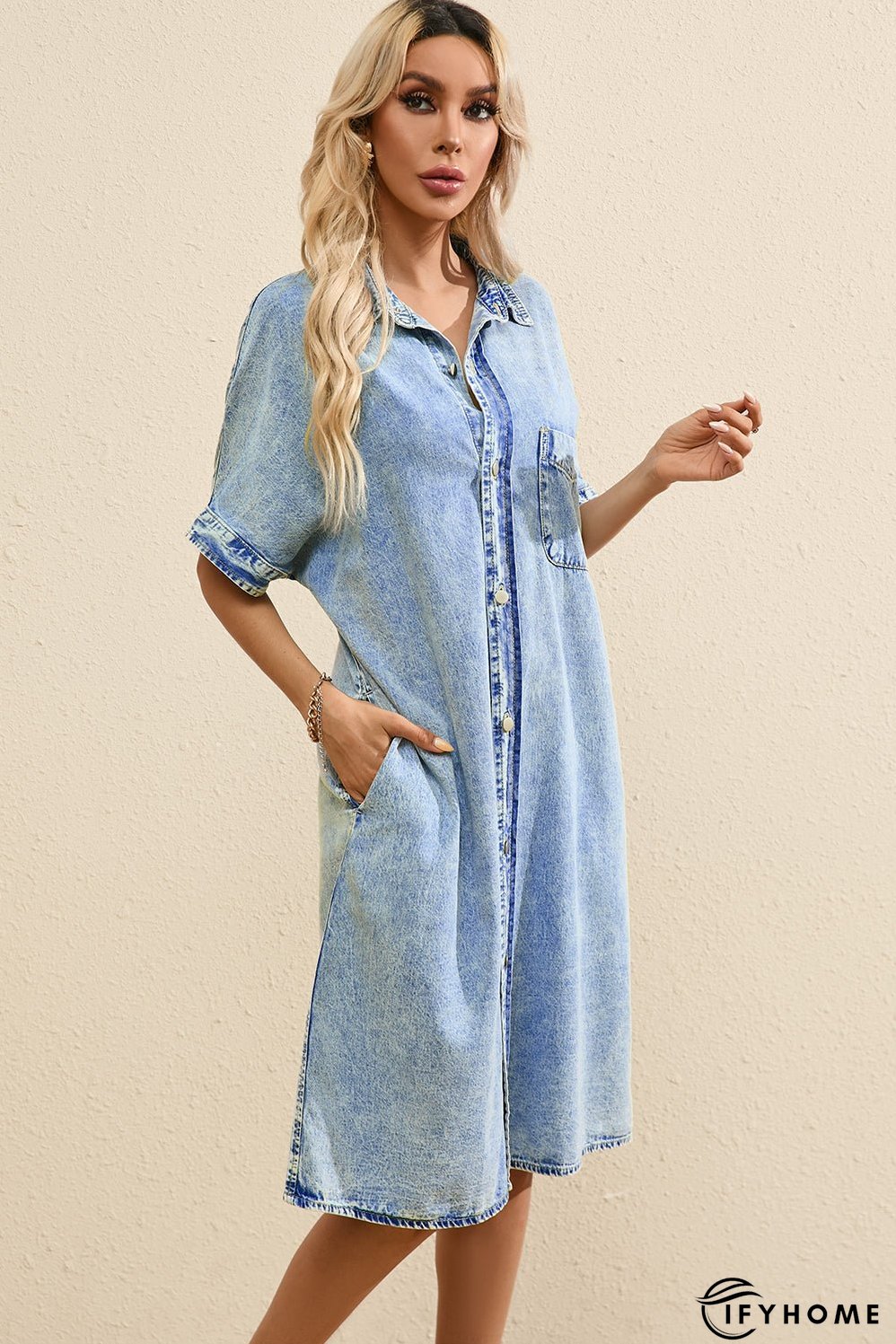 Denim Shirt Dress with Button Pockets | IFYHOME