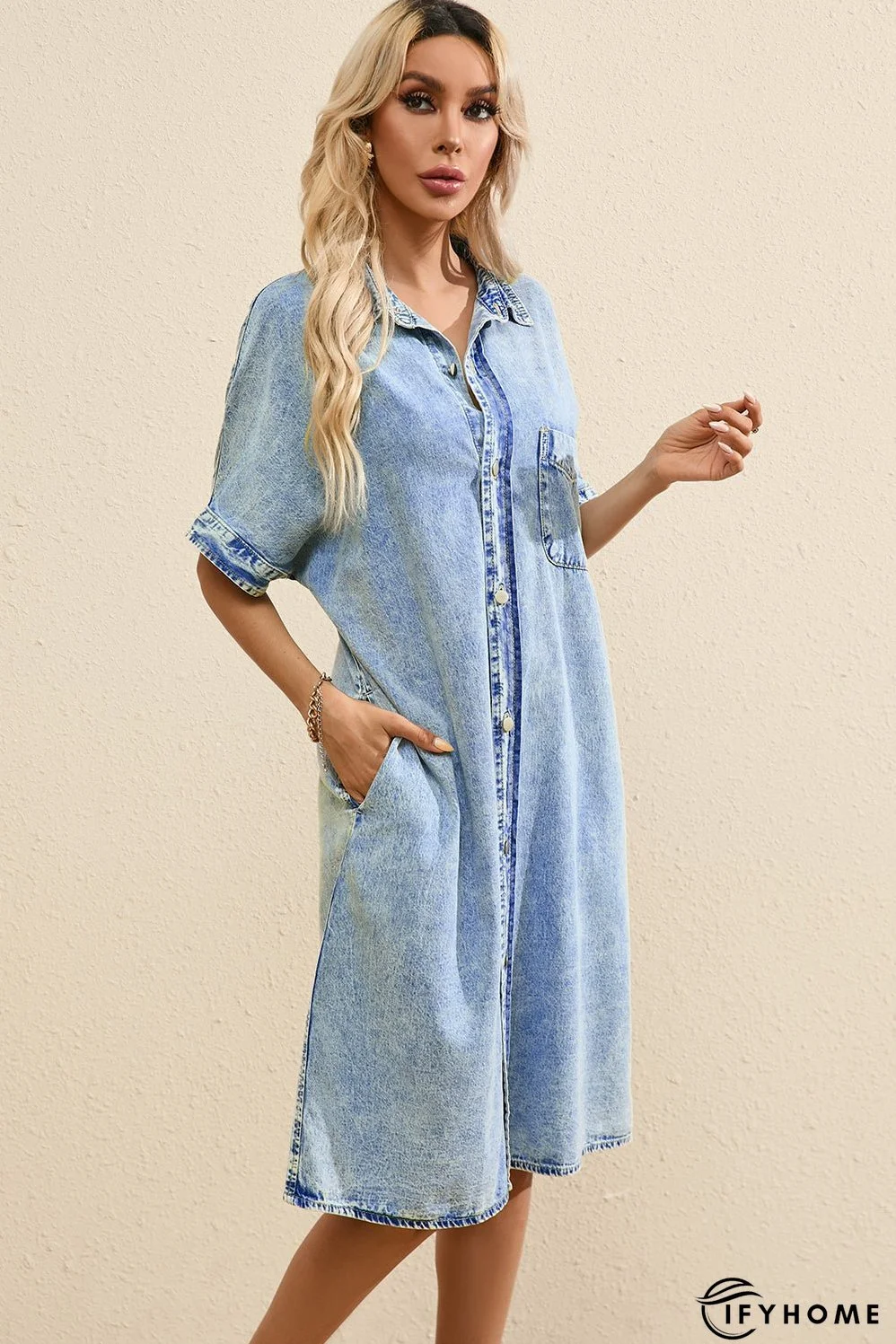 Denim Shirt Dress with Button Pockets | IFYHOME