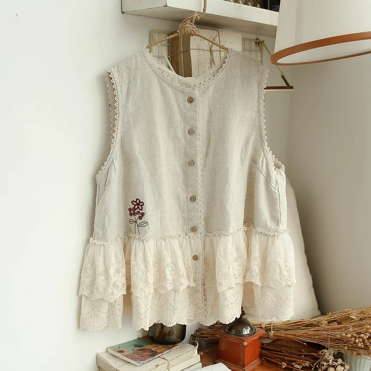 Queenfunky cottagecore style Embroidered Linen Vest With Lace Hem QueenFunky