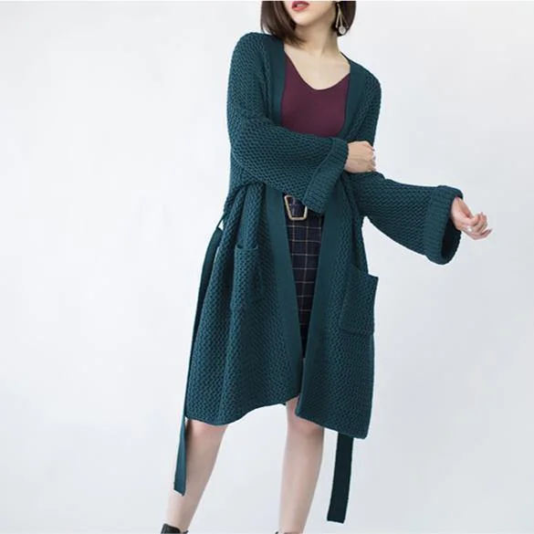 2019 blackish green Wool Coat plus size flare sleeve tie waist maxi coat Elegant pockets coat
