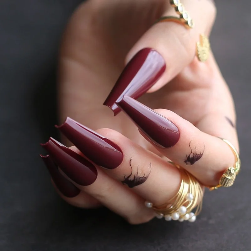 Extra gel Burgundy fasle nails Nude Long Luxury Coffin coffee Acrylic nails salon 24pcs fake nails ballet UV glossy available-Nail Inspo
