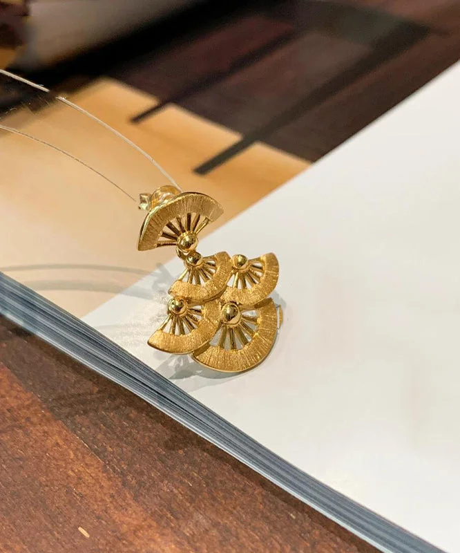 Chinese Style Gold Copper Overgild Sector Hollow Out Stud Earrings