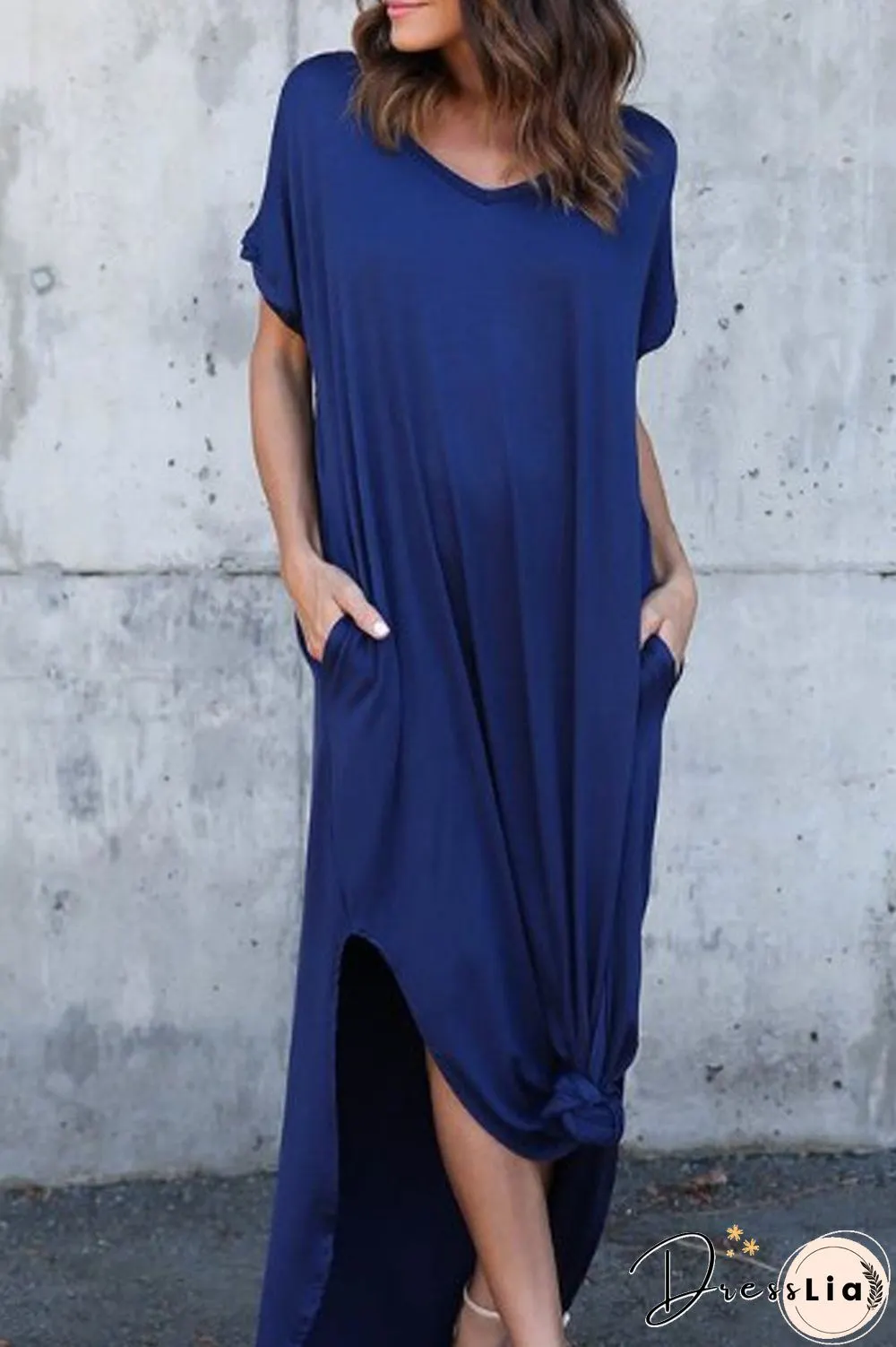 Solid Side Slit Pocket Maxi Dress