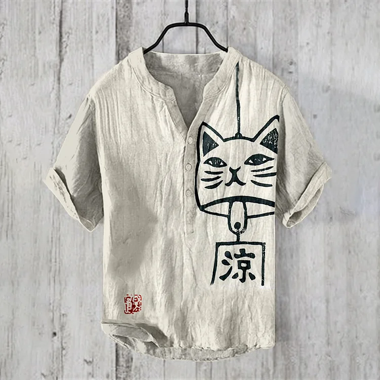 Vintage Cat Wind Chime Japanese Art Linen Blend Casual Shirt