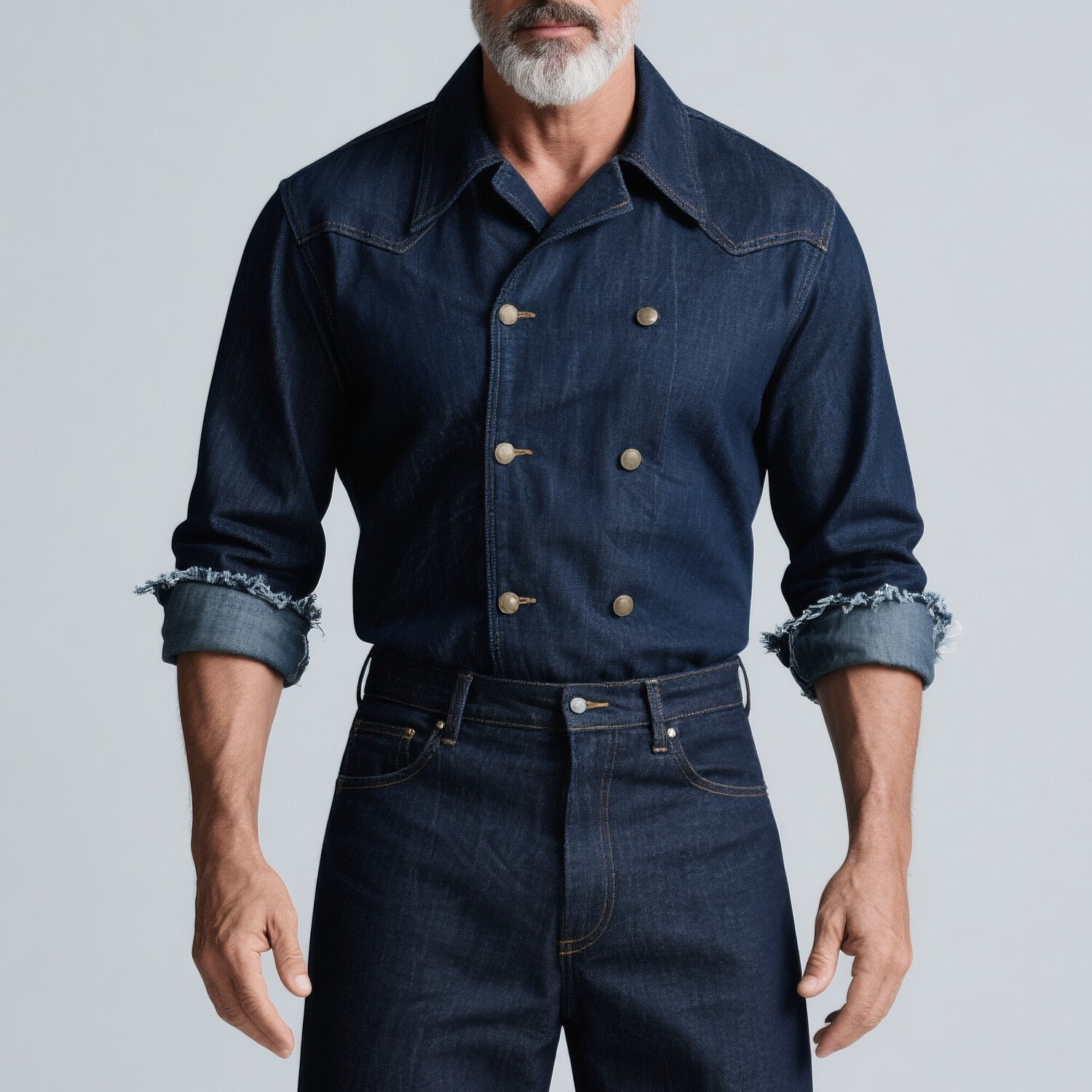 Men's Turndown Collar Double Breasted Long Sleeve Cuff Raw Edge Denim Shirt