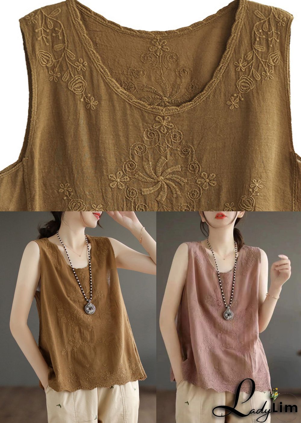 Skin Pink Embroideried Solid Cotton Vest Sleeveless